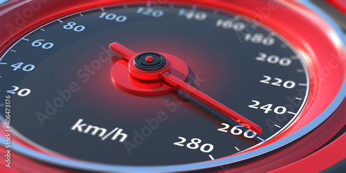 Car speedometer, high speed on dashboard gauge closeup view. 3d illustration