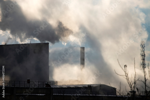 Factory pipe polluting air, environmental problems, smoke from chimneys