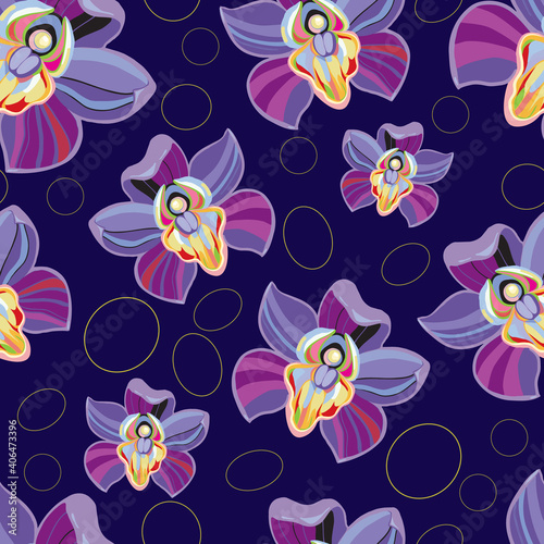 Elegance Seamless wallpaper pattern with of purple flowers on dark blue, background. Floral vector illustration
