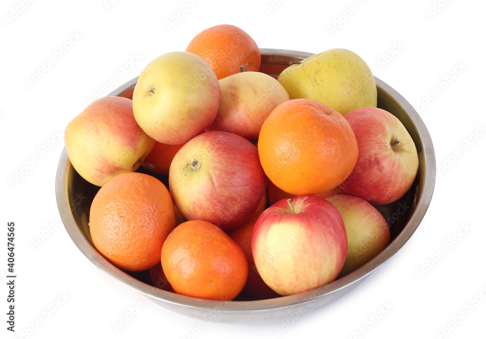 Metal plate with ripe fruits. Isolated object on white background