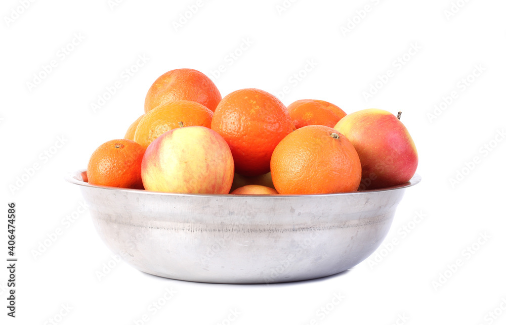 Metal plate with ripe fruits. Isolated object on white background Metal plate with ripe fruits. Isolated object on white background