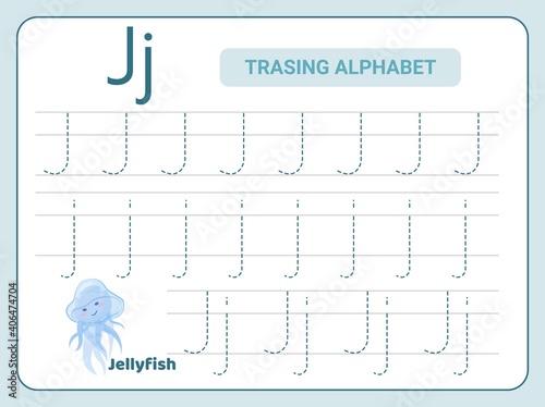 Alphabet tracing practice Letter J. Tracing practice worksheet. Learning alphabet activity page.