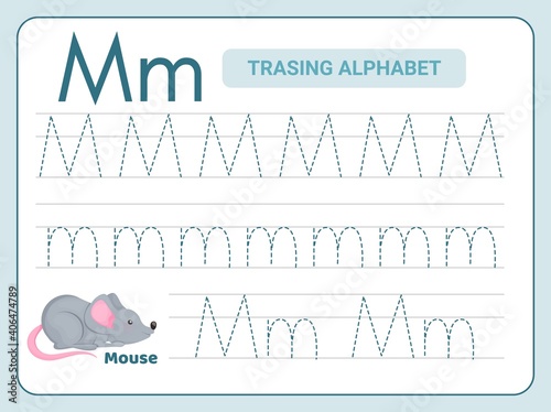 Alphabet tracing practice Letter M. Tracing practice worksheet. Learning alphabet activity page.