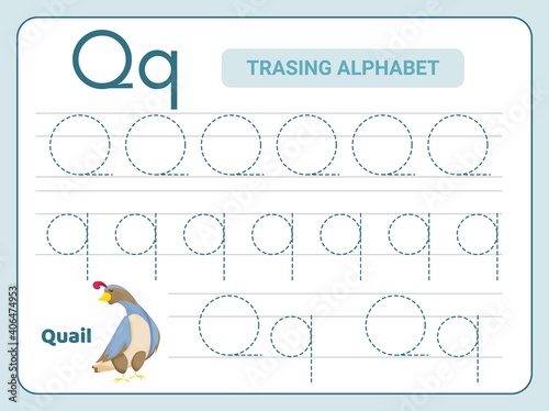 Alphabet tracing practice Letter Q. Tracing practice worksheet. Learning alphabet activity page.