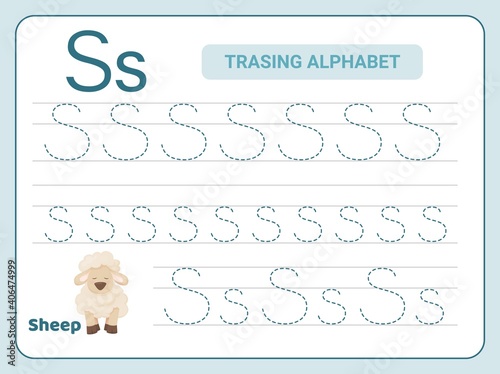 Alphabet tracing practice Letter S. Tracing practice worksheet. Learning alphabet activity page.