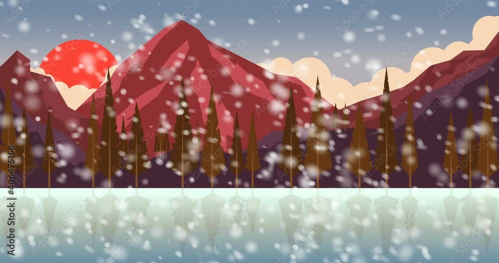 Animated background with mountains in snowy winter. Snowfall in a mountain valley. Cartoon style footage Animated background with mountains in snowy winter. Snowfall in a mountain valley. Cartoon style footage