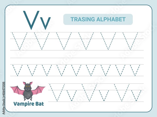 Alphabet tracing practice Letter V. Tracing practice worksheet. Learning alphabet activity page.