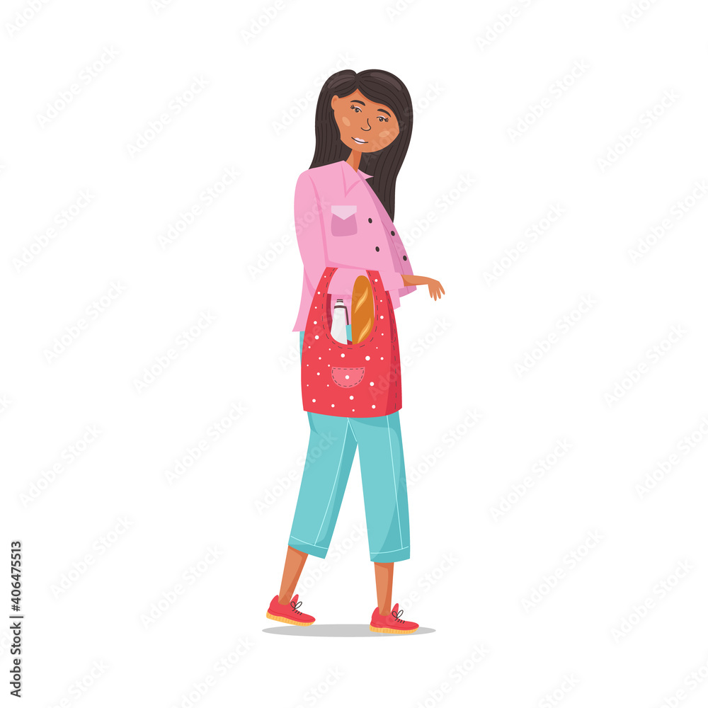 Stylish girl holding a fabric eco grocery bag in her hands. Zero Waste. Ecological no plastic bags concept. Reusable shopping bag. Vector flat illustration Stylish girl holding a fabric eco grocery bag in her hands. Zero Waste. Ecological no plastic bags concept. Reusable shopping bag. Vector flat illustration