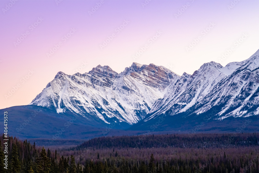 Beautiful mountain view in the Canadian Rockies, with a purple sky