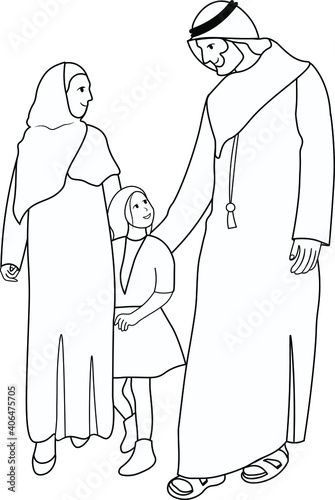 Traditional Emirati young family enjoying the weekend outdoor. The man wearing the dishdash traditional wear, the woman wearing the traditional abaya all black dress cartoon coloring book for kids