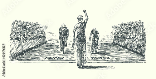 Cyclist challenge with winner crossing finish line first and applaud crowd of fans on background,leadership,motivation.Hand drawn style,isolated,vector EPS
