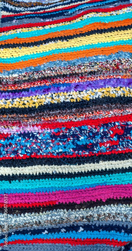 Crocheted by hand from strips of fabric rugs closeup
