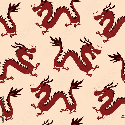 Traditional Chinese red dragon. Retro drawing of a dragon. Red dragon seamless pattern.