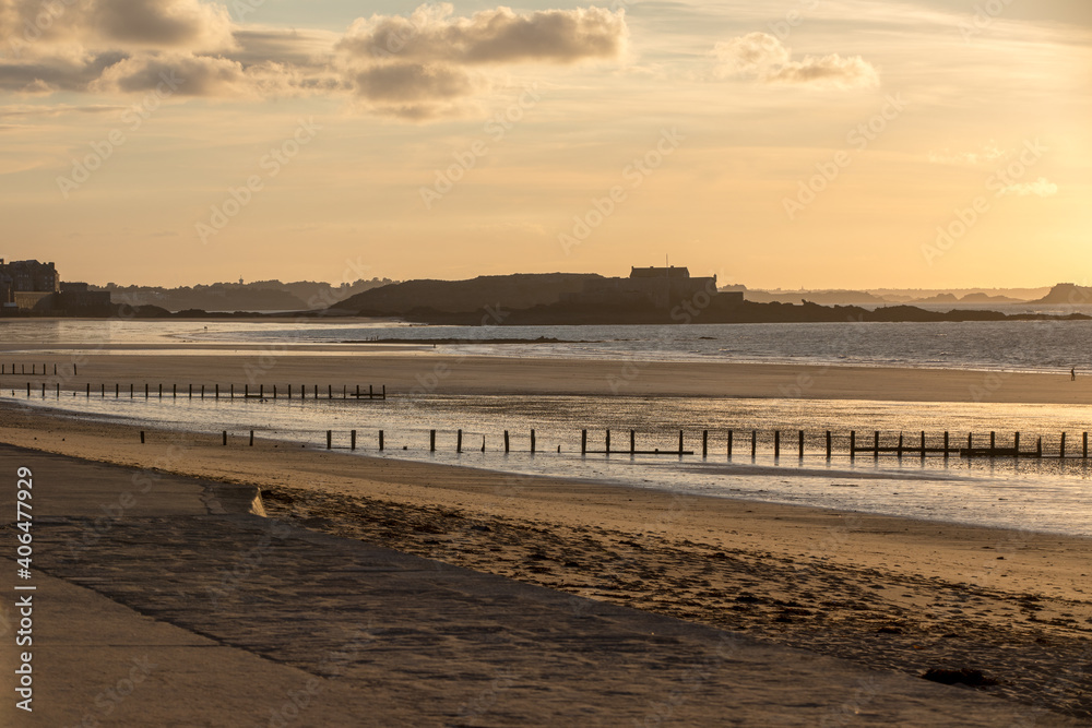 The evening light on beach and olt town of Saint Malo , France, Ille et Vilaine, Brittany, France,