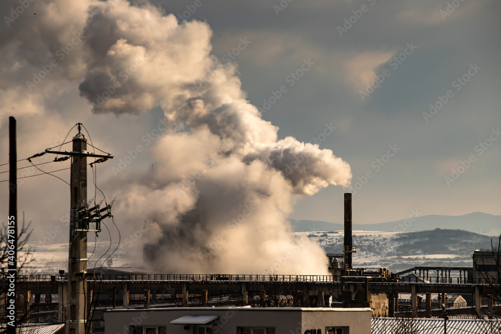 Factory pipe polluting air, environmental problems, smoke from chimneys Factory pipe polluting air, environmental problems, smoke from chimneys