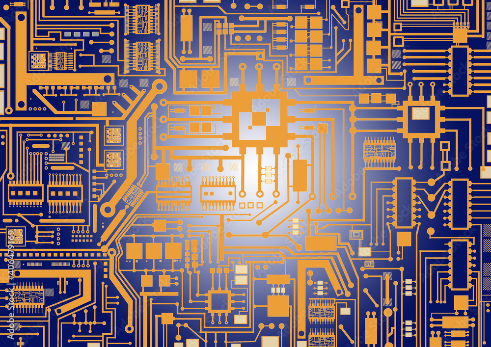 Blue-yellow background of printed circuit Board. Schematic printed circuit Board with a spot of light in the center. Radio-electronic concept. Manufacturing of radio-electronic components. Blue-yellow background of printed circuit Board. Schematic printed circuit Board with a spot of light in the center. Radio-electronic concept. Manufacturing of radio-electronic components.