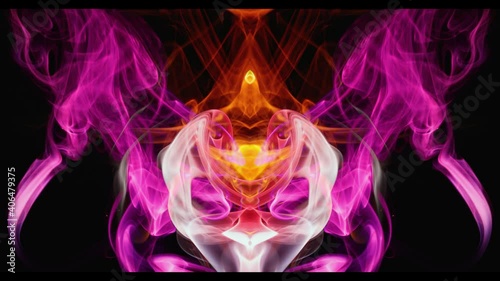 Psychedelic fantasies of colored smoke. Psychodiagnostic test - symmetrical color blot. Axial slice of a magnetic resonance imager of a fantastic creature in dynamics. photo