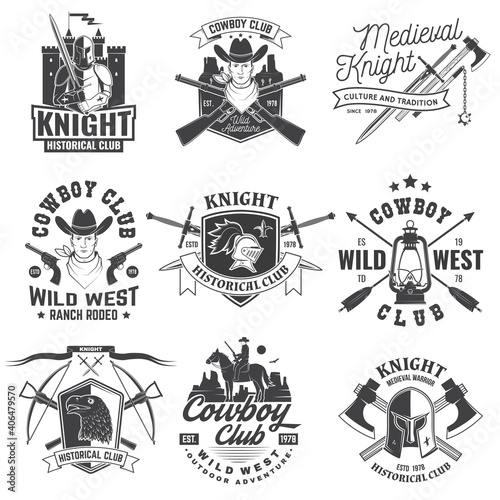 Set of knight historical and cowboy club design Vector Concept for shirt, print, stamp, overlay or template. Vintage typography design with knight, knight on a horse, swords, axe, castle silhouette