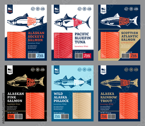 Vector fish packaging design concept. Modern style seafood illustration. Salmon, trout, tuna and alaska pollock fish illustrations