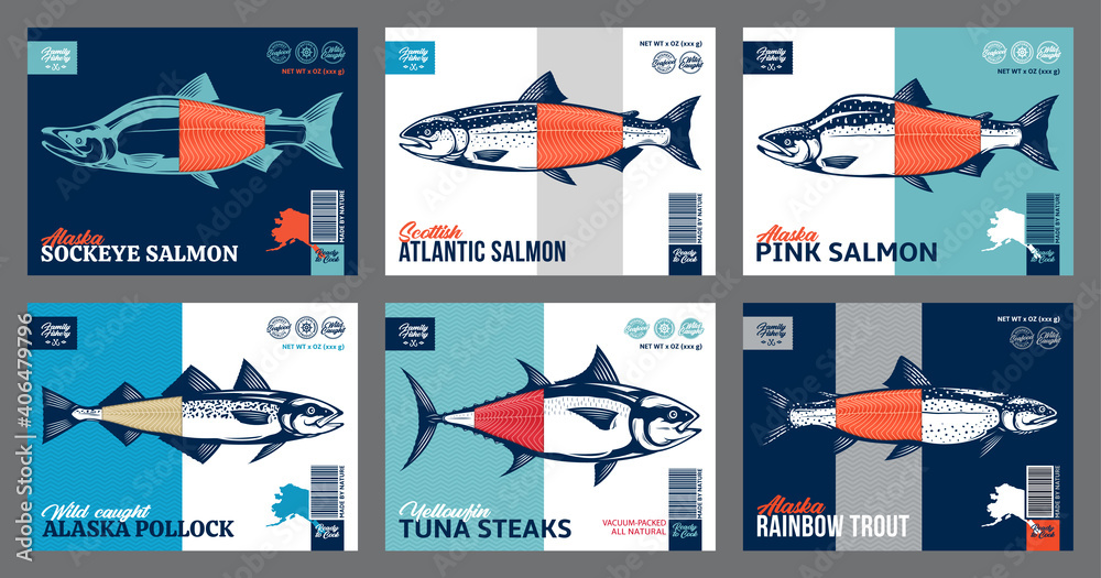 Vector fish packaging or label design. Modern style seafood label. Salmon, trout, tuna and alaska pollock fish illustrations