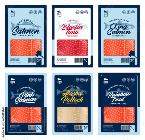 Vector fish flat style packaging design. Salmon, trout, tuna and alaska pollock fish illustrations and fish meat texture for packaging, fisheries, advertising, etc