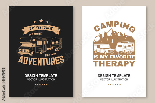 Camping is my favorite therapy. Posters, banners, flyers. Vector Concept for shirt or logo, print, stamp or tee. Vintage typography design with RV Motorhome, camping trailer and mountain silhouette
