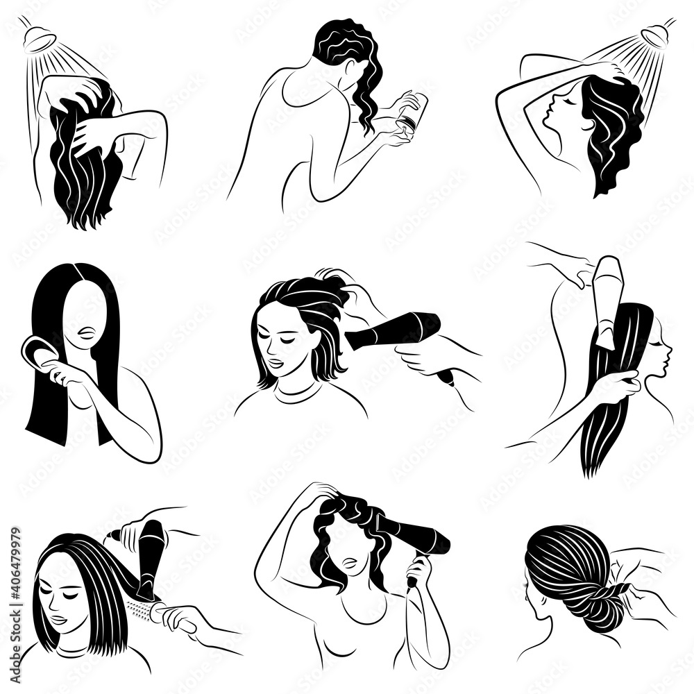 Ilustrace „Collection. The woman washes her hair in the shower. Lady blowdrying her hair and