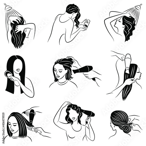 Collection. The woman washes her hair in the shower. Lady blow-drying her hair and combing with a comb. The girl does her hair. Set of vector illustrations.