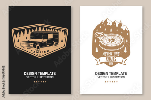 Set of rv camping badges, posters, banners, flyers. Vector Concept for shirt or logo, print, stamp or tee. Vintage typography design with RV Motorhome, camping trailer and off-road car silhouette.
