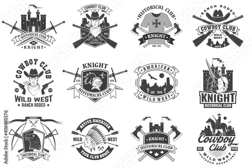 Set of knight historical and cowboy club design Vector Concept for shirt, print, stamp, overlay or template. Vintage typography design with knight, knight on a horse, swords, axe, castle silhouette