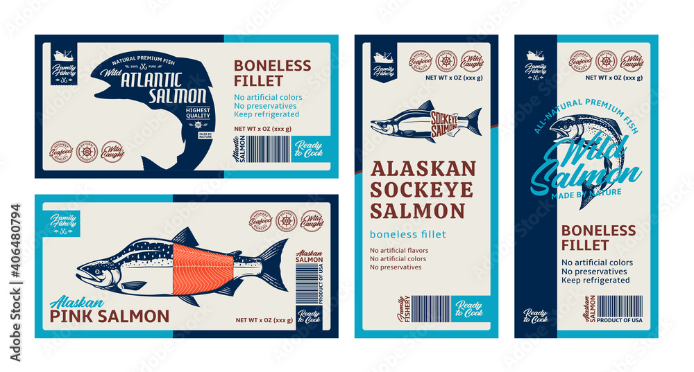 Vector salmon horizontal and vertical labels. Atlantic, chinook, sockeye, and pink salmon fish illustrations. Seafood labels for fisheries, groceries, packaging, and advertising