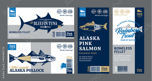 Vector fish horizontal and vertical labels and packaging design concepts. Salmon, trout, tuna, and alaska pollock fish illustrations. Flat style seafood labels