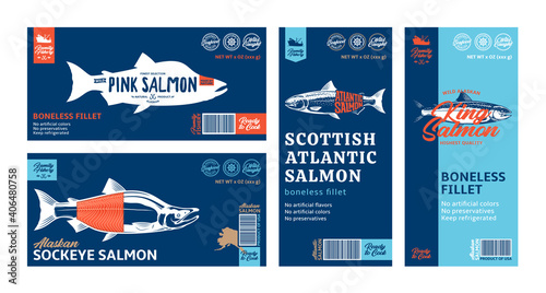 Vector salmon horizontal and vertical modern style labels. Atlantic, sockeye, chinook, and pink salmon fish illustrations