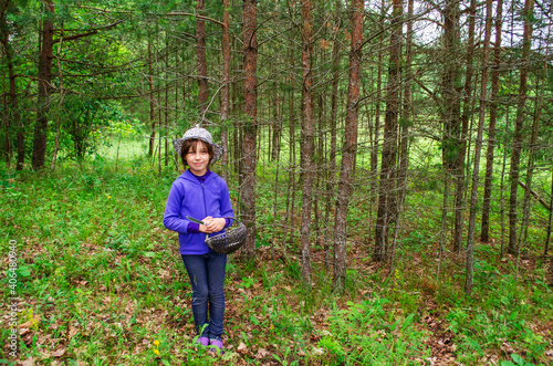 little girl picking mushrooms in the pine forest .