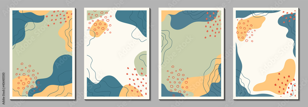 Set of templates for posters, postcards, greeting cards, banners, covers, branding design. Abstract vector backgrounds with organic shapes, lines in doodle style with copy space for text. 