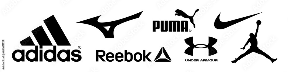 Adidas, Nike, Mizuno, Jordan, Puma, Under Armour - logos of sports equipment and company. Kyiv, Ukraine - January 17, 2021 Stock Vector | Adobe Stock