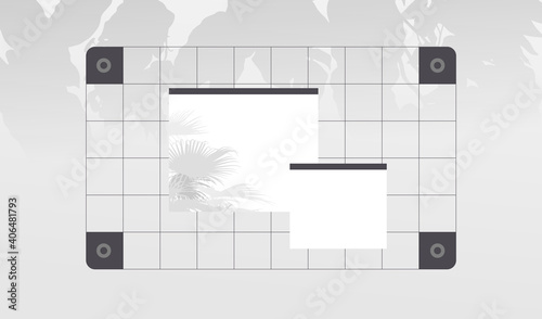 Vintage - tech grayscale blank OS style frame with fan palm decoration on square grid tropical template, 90s elements technology minimal style