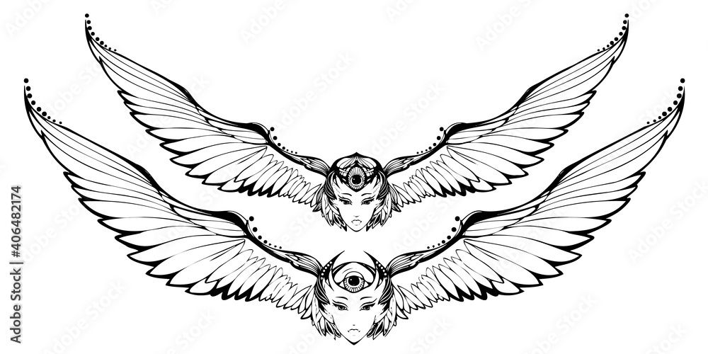 Black and white bird, woman face, and big wings tattoo. Sketch for print t shirt and tatoo art. Alchemy. Vector logo, ilsolated illustration.