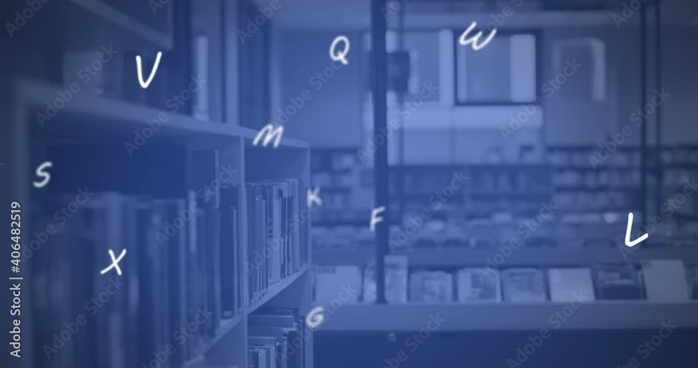 Digital composition of english alphabets floating and moving against school library Digital composition of english alphabets floating and moving against school library