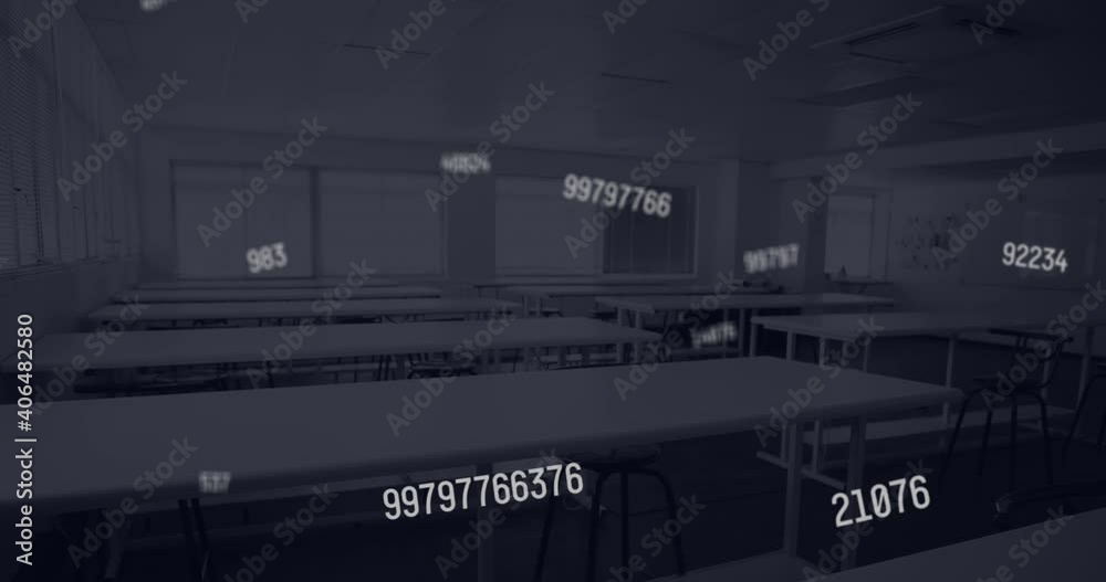 Digital composition of multiple changing numbers floating against empty classroom in background