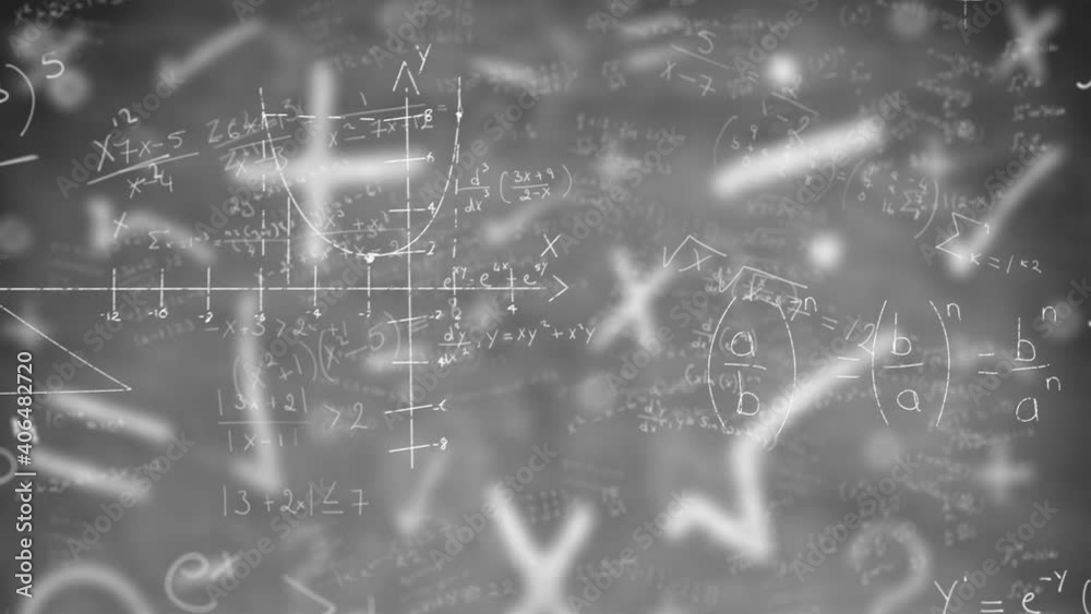 Digital animation of mathematical equations floating against symbols on grey background Digital animation of mathematical equations floating against symbols on grey background