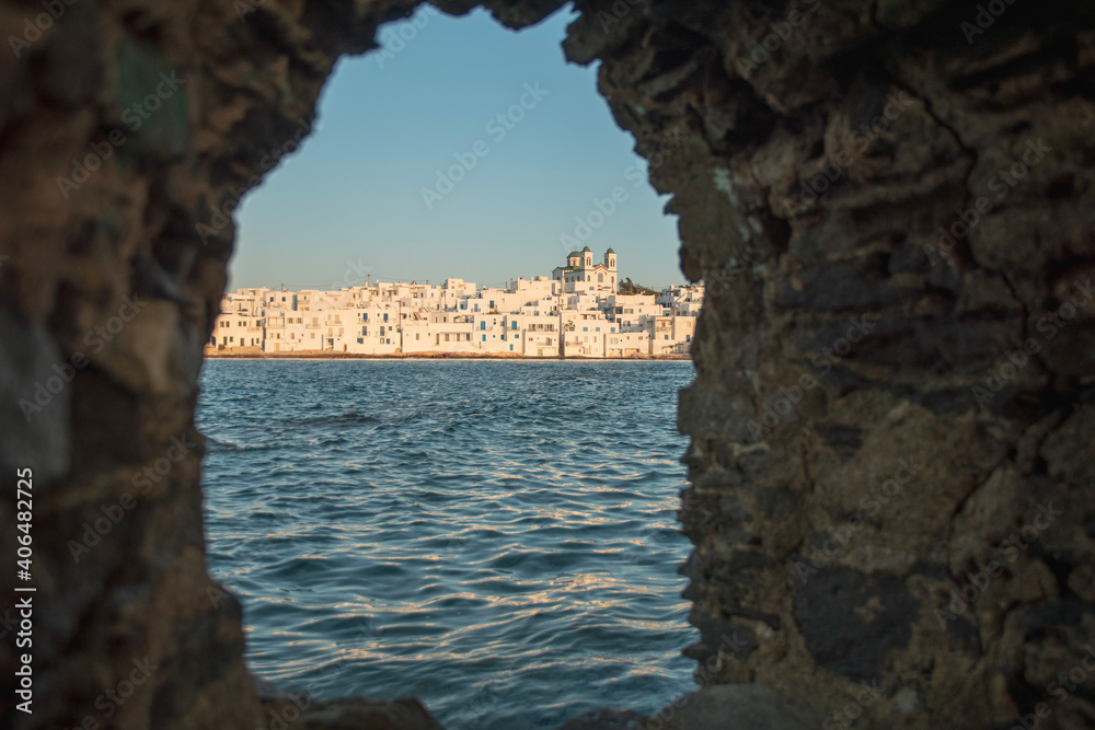 view of the fortress on Naoussa town on Paros island, Greece