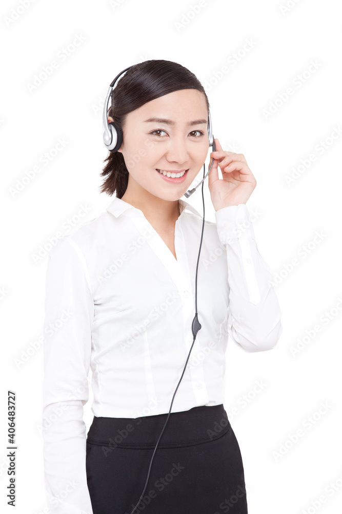 portrait of Business woman wearing earphones smiling portrait of Business woman wearing earphones smiling