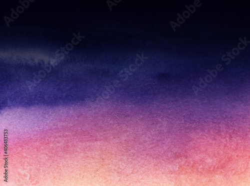 Abstract watercolor background. Horizontal gradient from tender pink to dark blue. Beautiful sky where sunset is changed by coming night. Hand drawn illustration of darkening heaven on textured paper