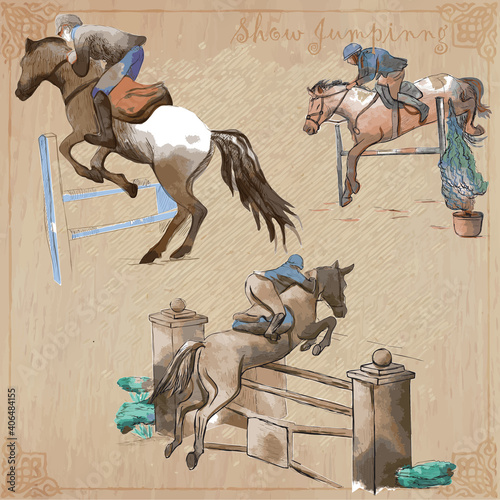 Horses - show jumping. Collection, pack of freehand vector sketches. Line art.
