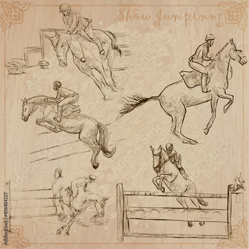 Horses - show jumping. Collection, pack of freehand vector sketches. Line art.