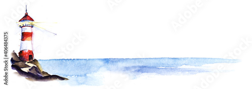 Watercolor bottom border template. Landscape with striped red and white beacon sending light signal to vast sea. Hand drawn banner of lighthouse on steep slope of cliff on sea coast