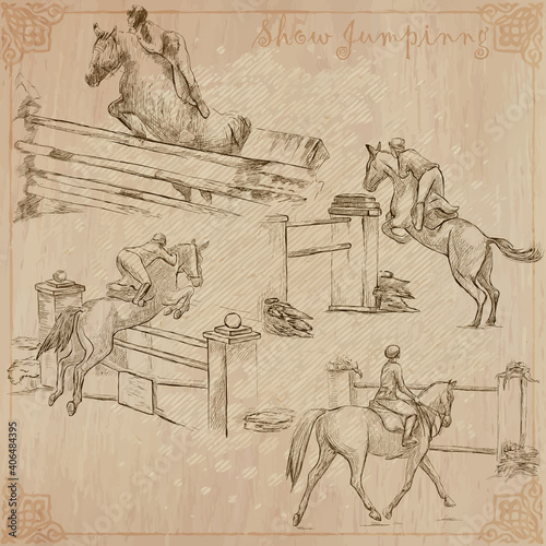 Horses - show jumping. Collection, pack of freehand vector sketches. Line art.