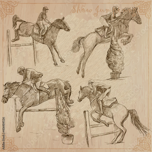 Horses - show jumping. Collection, pack of freehand vector sketches. Line art.