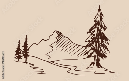 Hand drawn vector illustration of mountain landscape with pine trees.